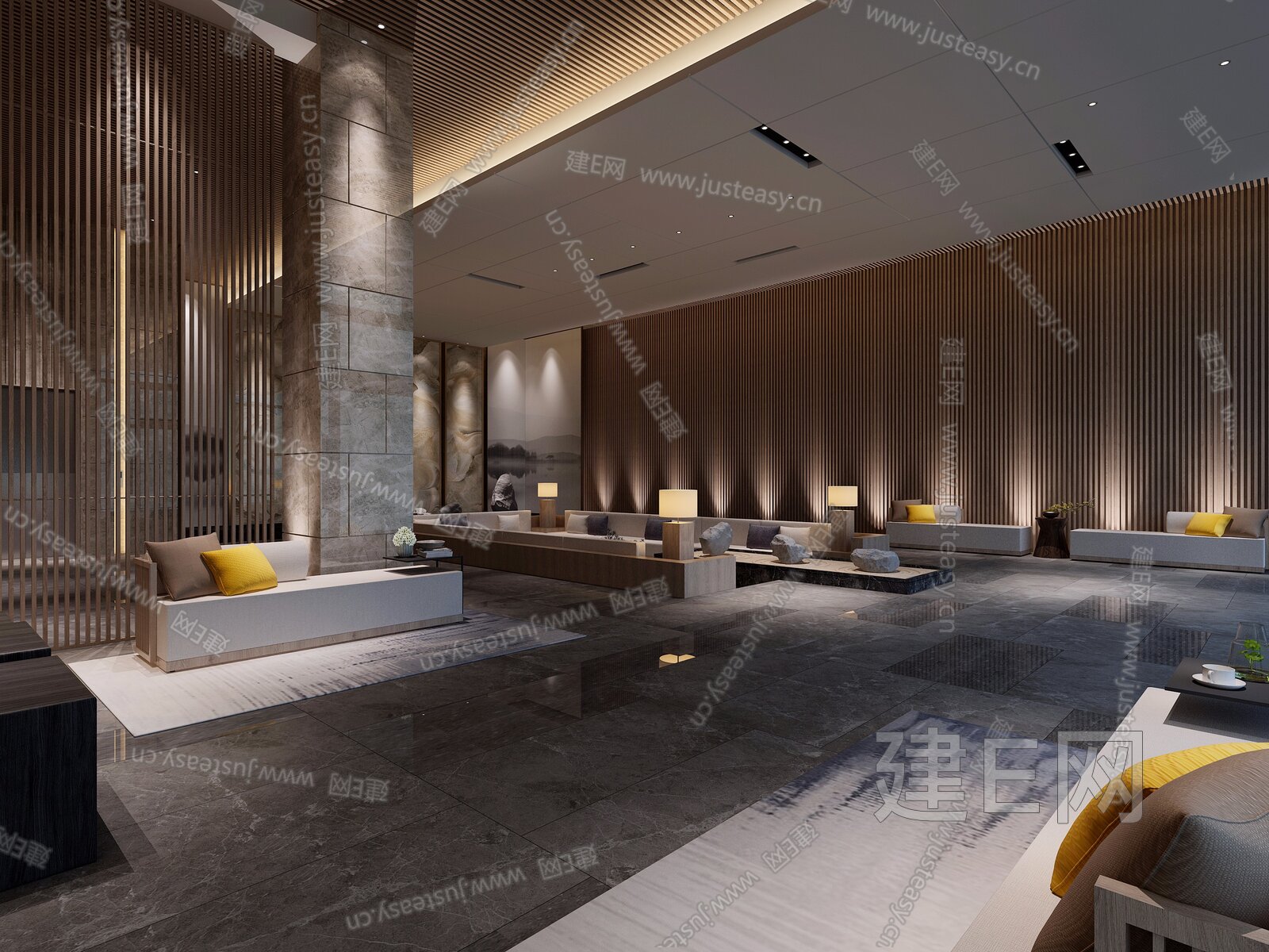 新中式会所大厅3d模型下载[ID:104809736]_建e网3d模型
