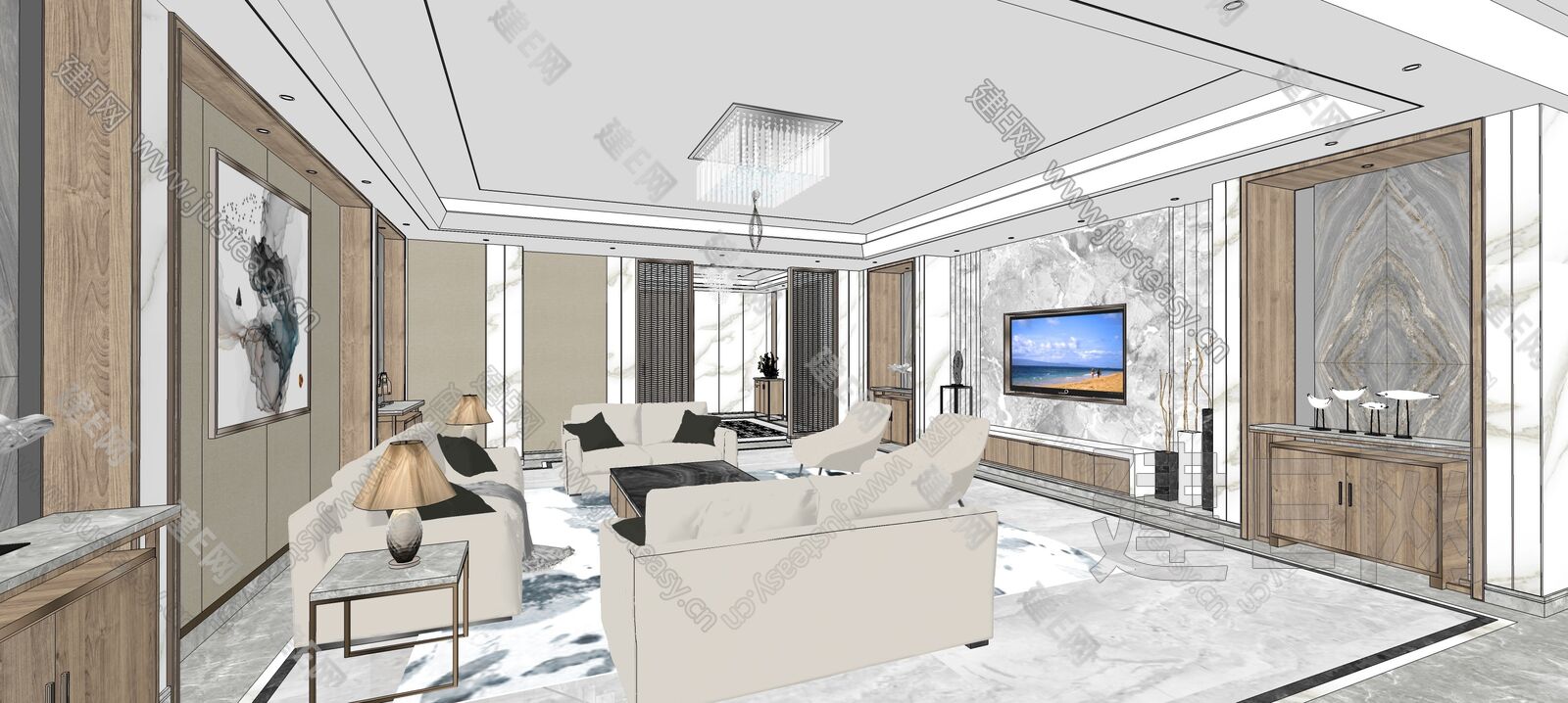 新中式复式别墅室内设计SU模型模型SU模型下载[ID:107299117]_建e网su模型