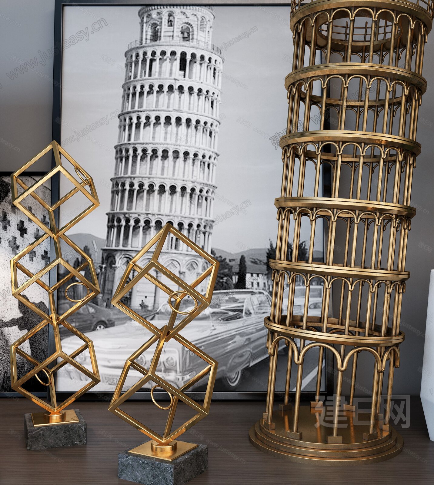 现代比萨斜塔金属摆件组合3d模型