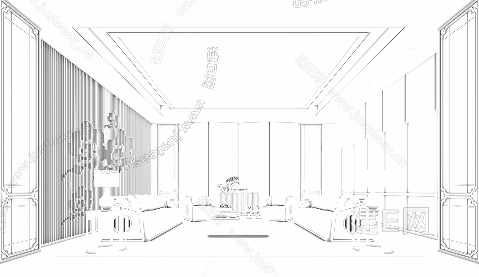 新中式酒店接待室3d模型下载[ID:117065016]_建e网3d模型