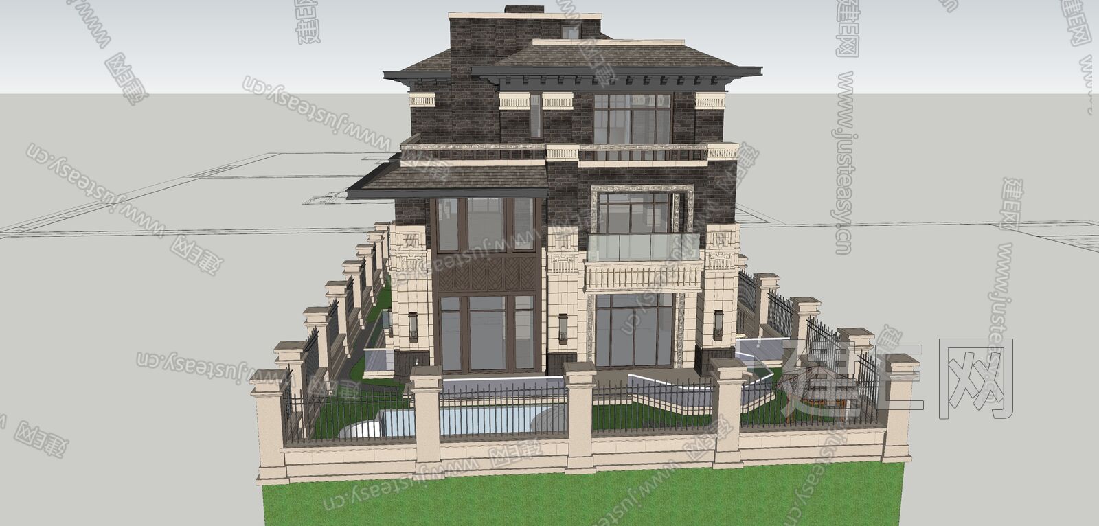 新中式别墅模型SU模型下载[ID:109003051]_建e网su模型