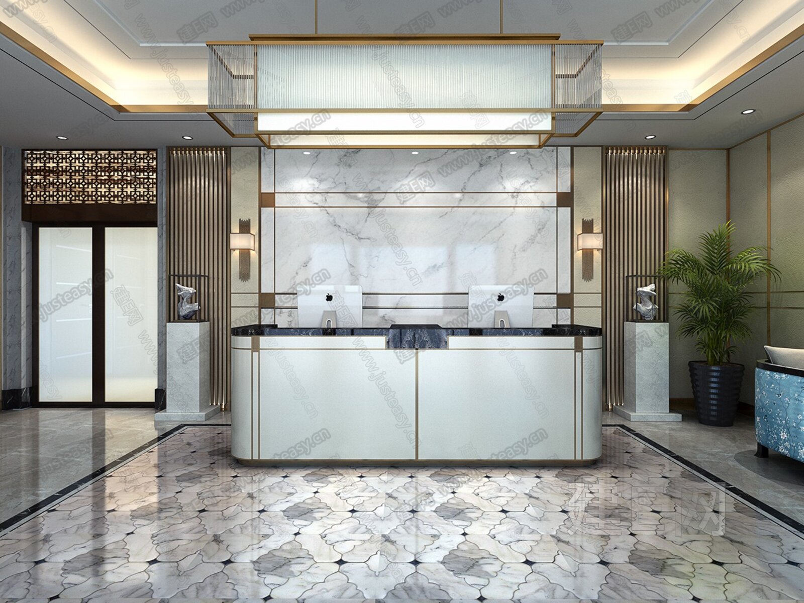 新中式接待大厅3d模型下载[ID:112280938]_建e网3d模型