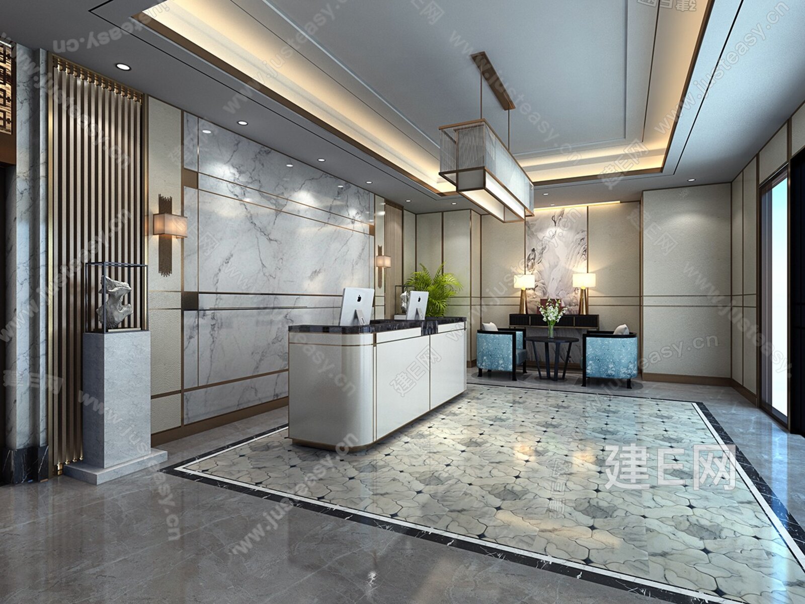 【新中式接待大厅3d模型】建e网_新中式接待大厅3d模型下载[ID:112280938]_打造3d新中式接待大厅模型免费下载平台