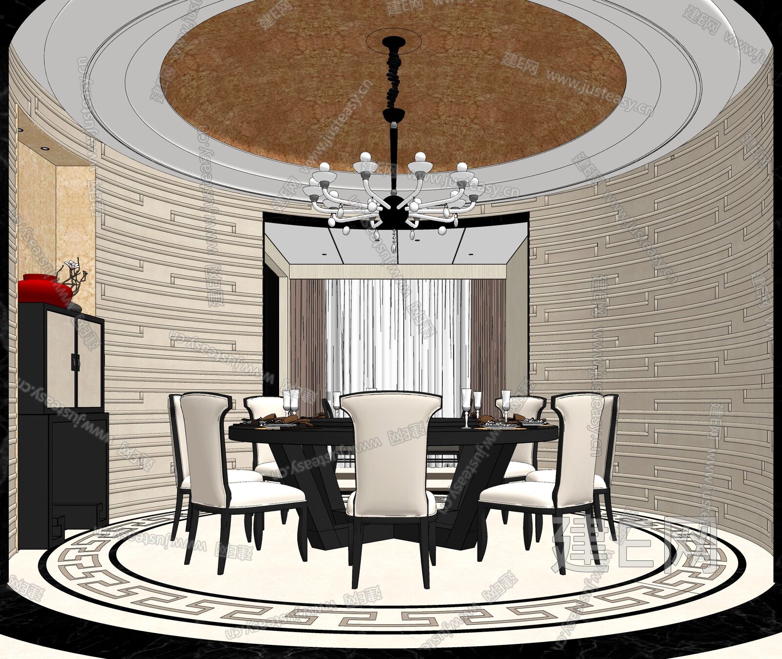 现代圆形餐桌椅组合模型SU模型下载[ID:103432766]_建E室内设计网