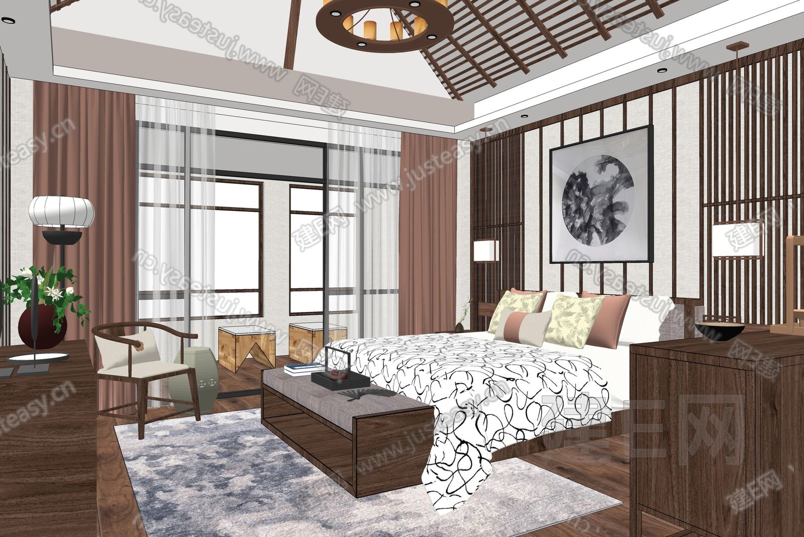 戴勇新作-新中式卧室模型SU模型下载[ID:114245907]_建E室内设计网