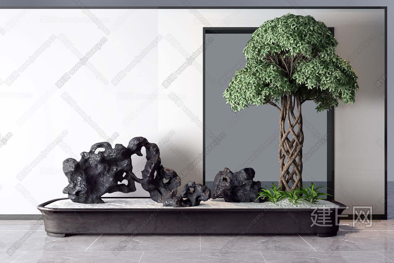 新中式松树太湖石组合盆景3d模型下载[ID:113591340]_建e网3d模型