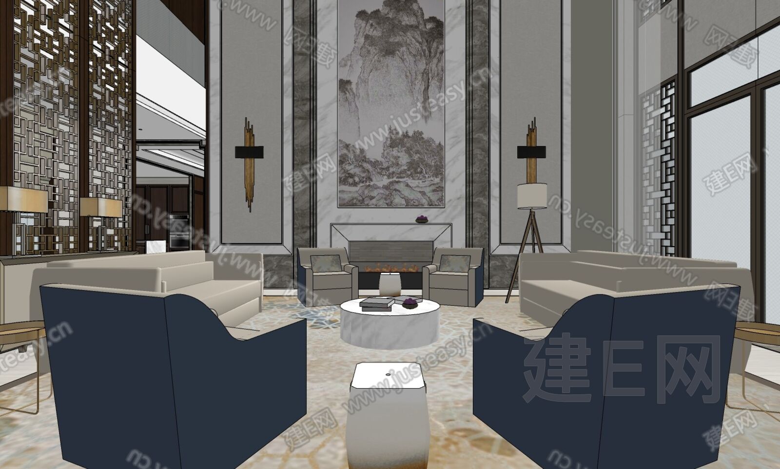新中式别墅模型SU模型下载[ID:114901484]_建E室内设计网