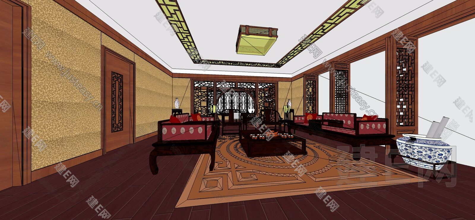 中式风格会客厅室内设计模型SU模型下载[ID:115753373]_建e网su模型