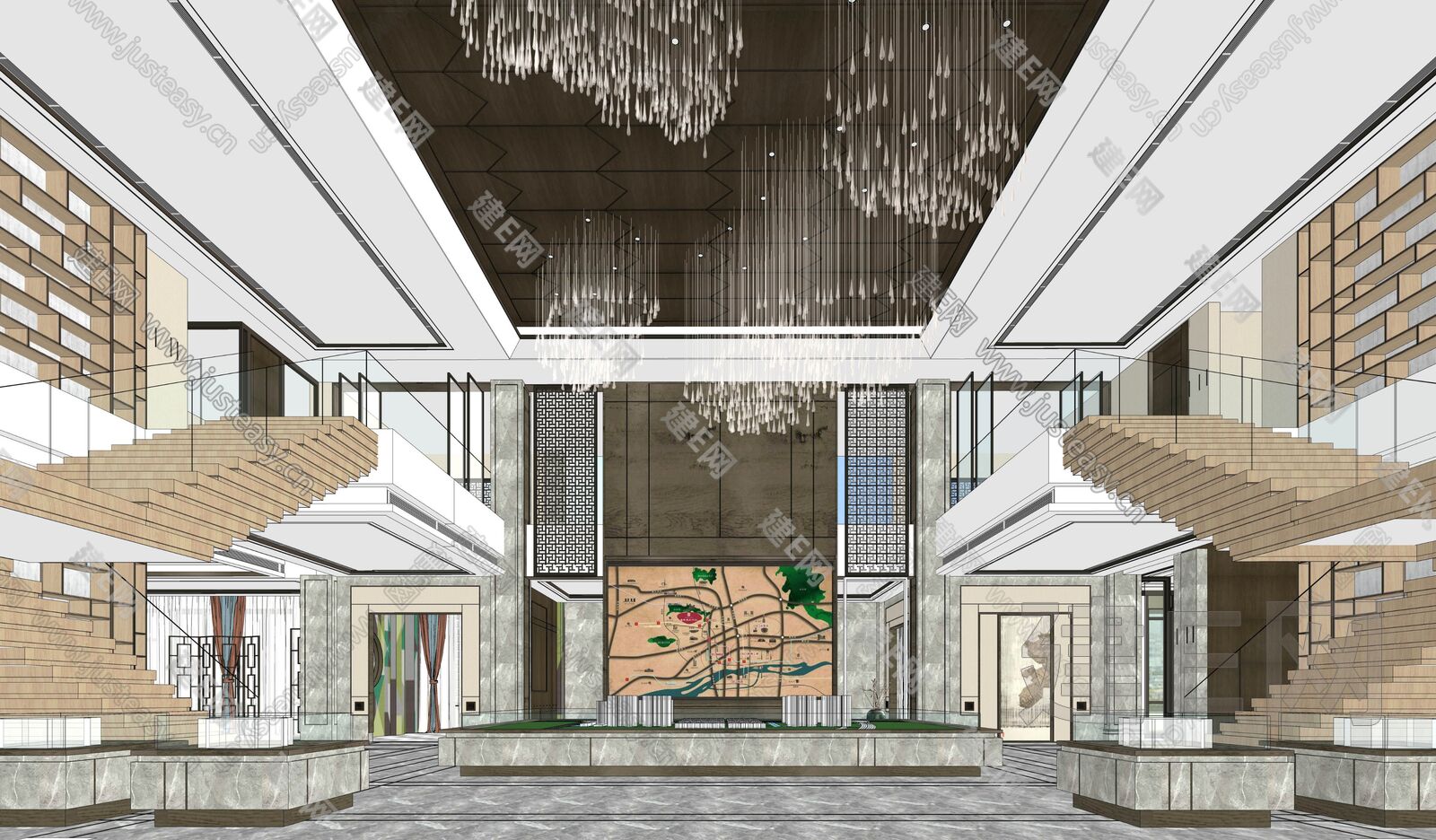 新中式售楼处沙盘区模型SU模型下载[ID:116867508]_建e网su模型
