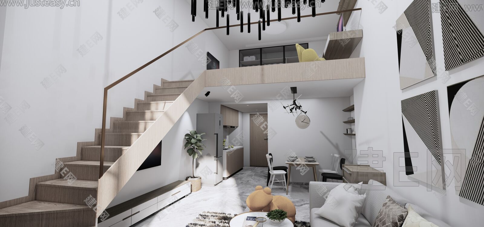 LOFT北欧家装整体方案模型SU模型下载[ID:109199699]_建E室内设计网