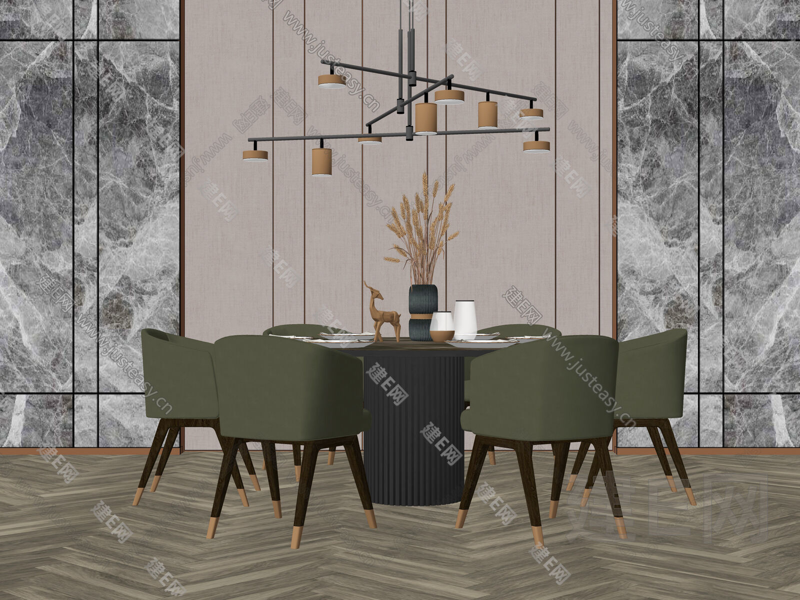 现代轻奢圆形餐椅吊灯组合模型SU模型下载[ID:112869726]_建E室内设计网