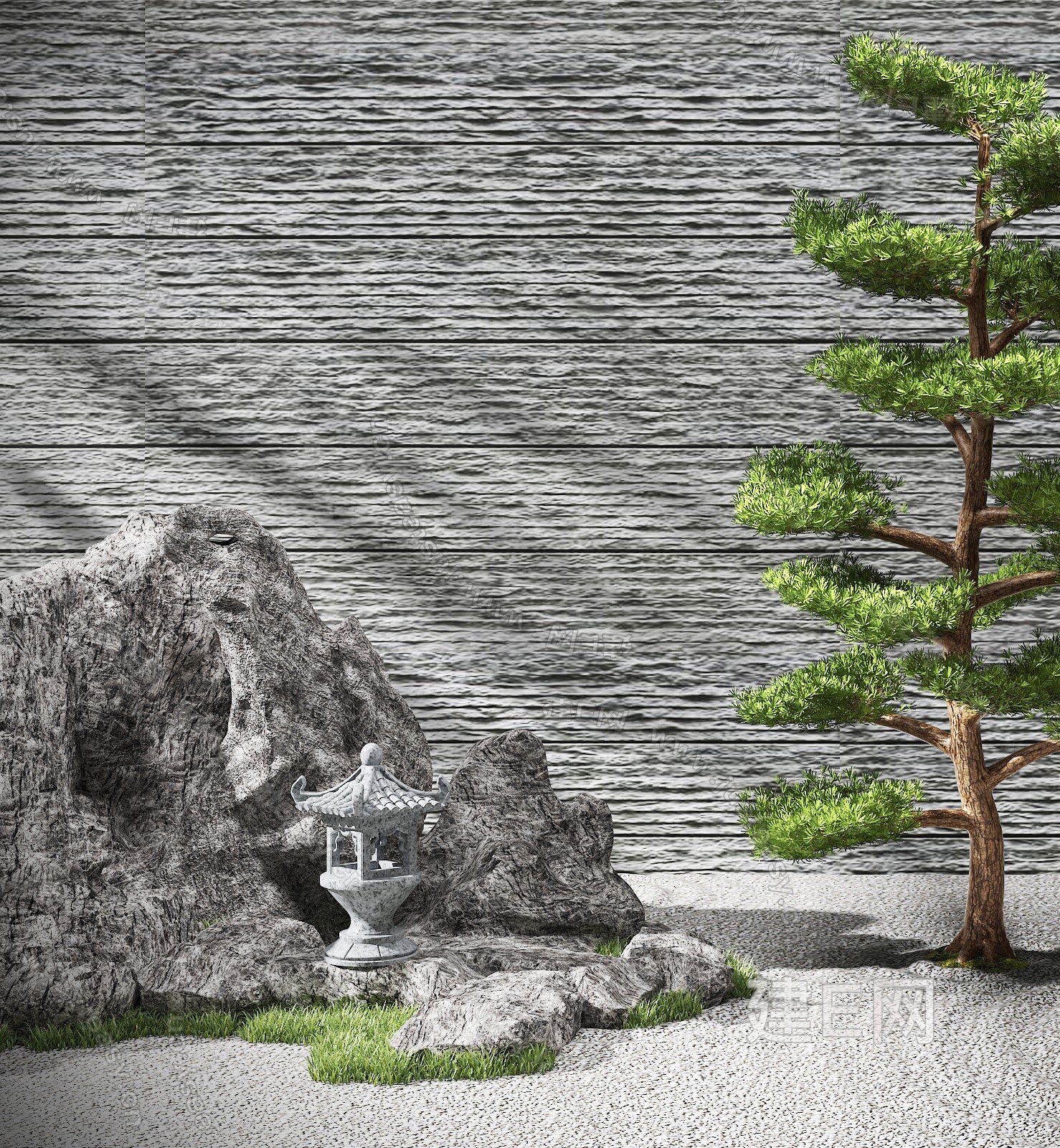 新中式松树庭院石材景观枯山水