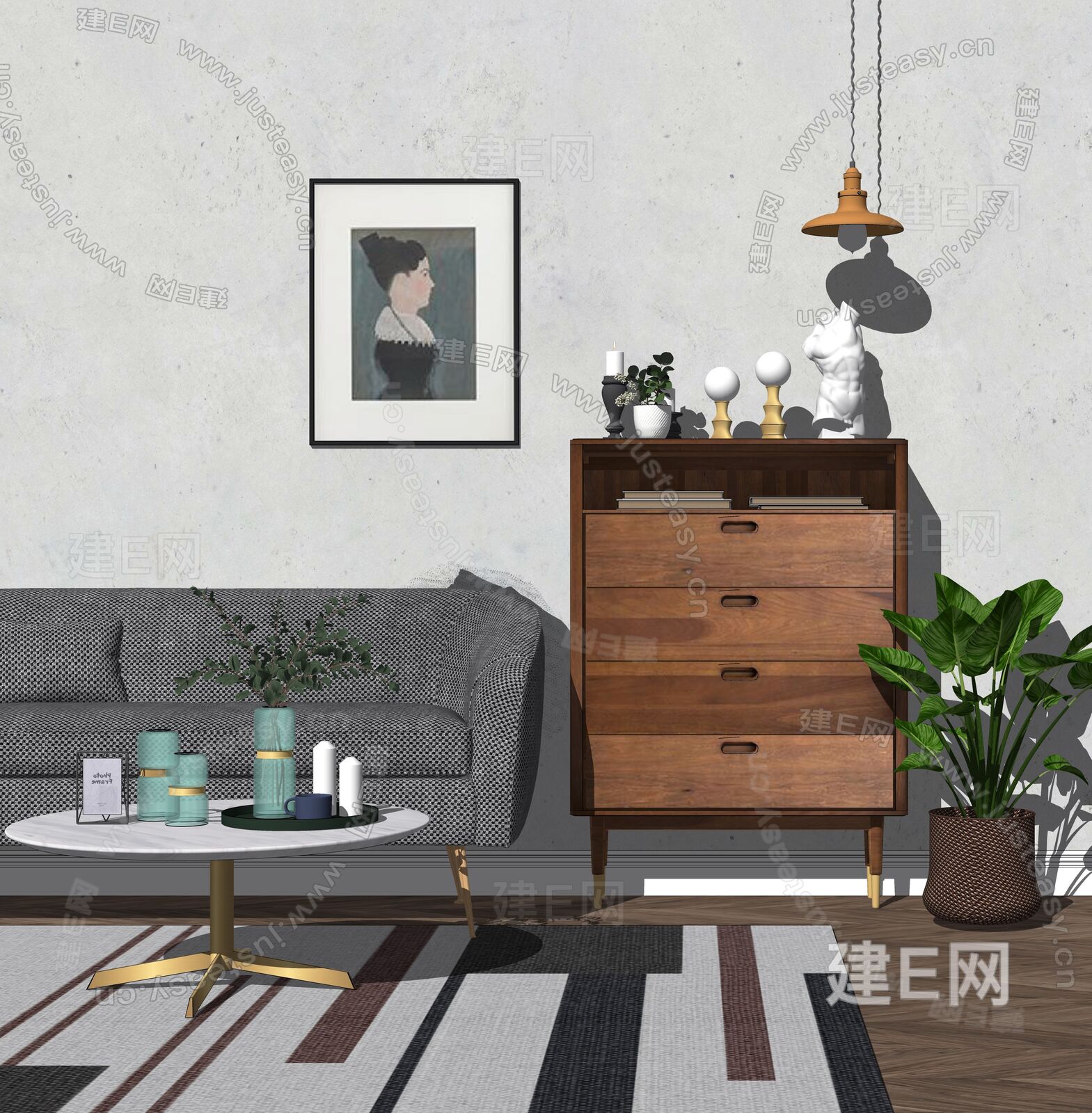 北欧沙发茶几组合模型SU模型下载[ID:107298882]_建E室内设计网