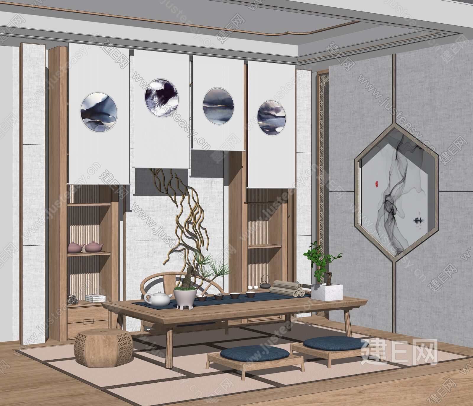 新中式茶室 模型SU模型下载[ID:107298981]_建e网su模型