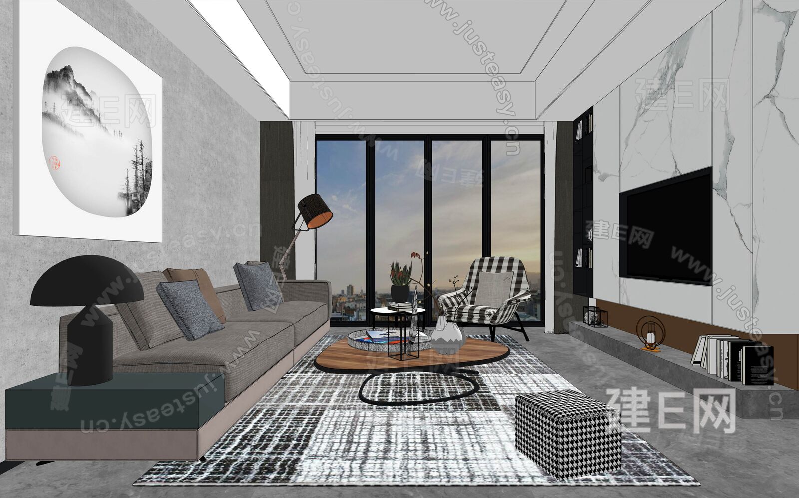 现代简约客厅沙发茶几组合模型SU模型下载[ID:108412975]_建e网su模型