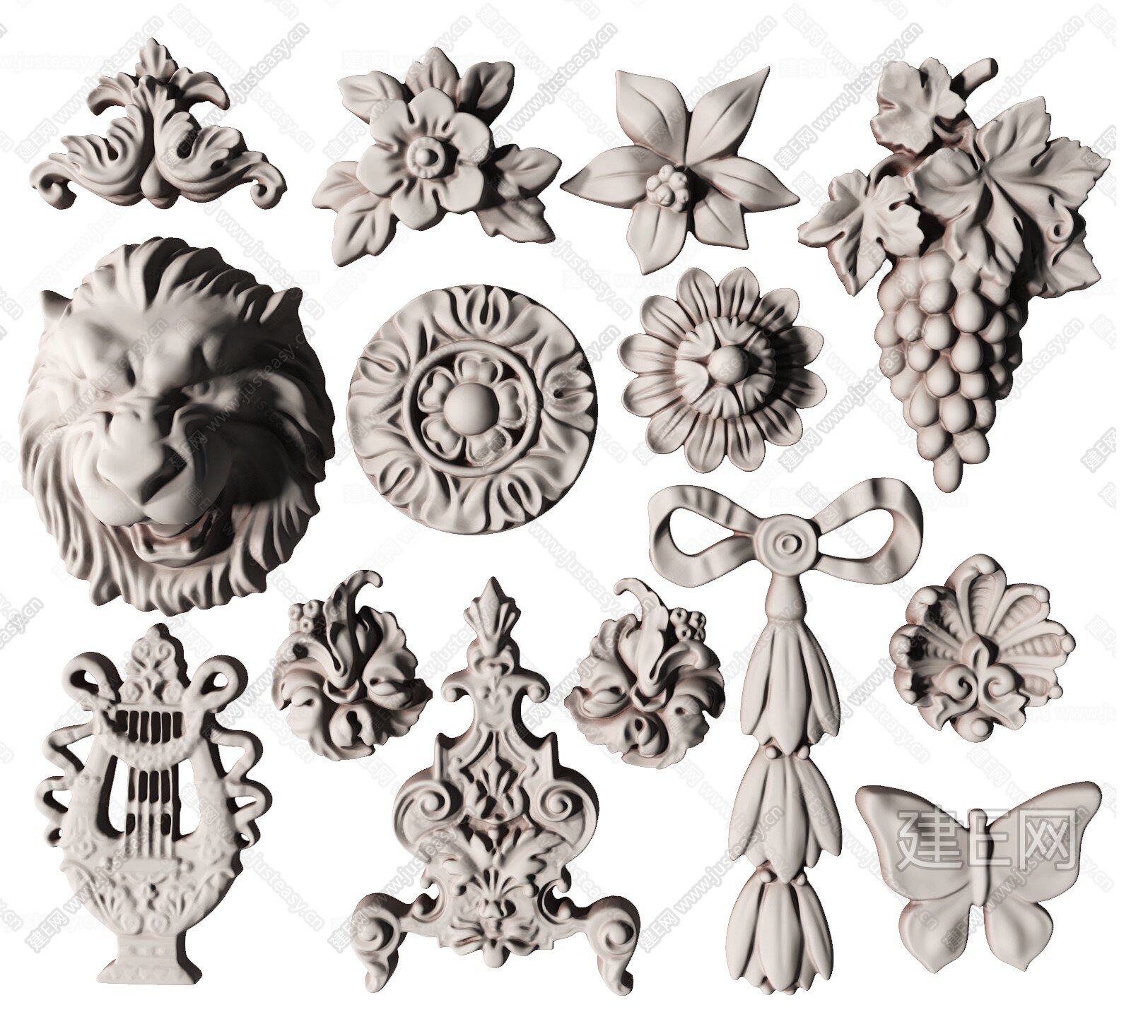 简欧石膏雕花角花图案组合3d模型下载