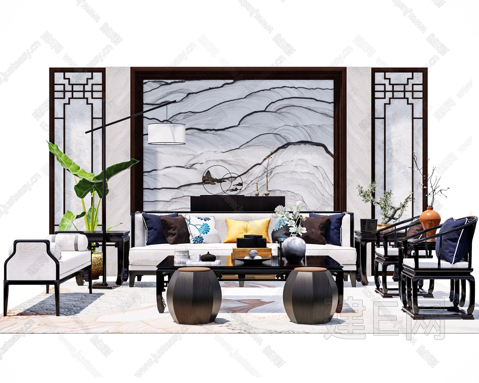 新中式沙发模型SU模型下载[ID:113262692]_建E室内设计网