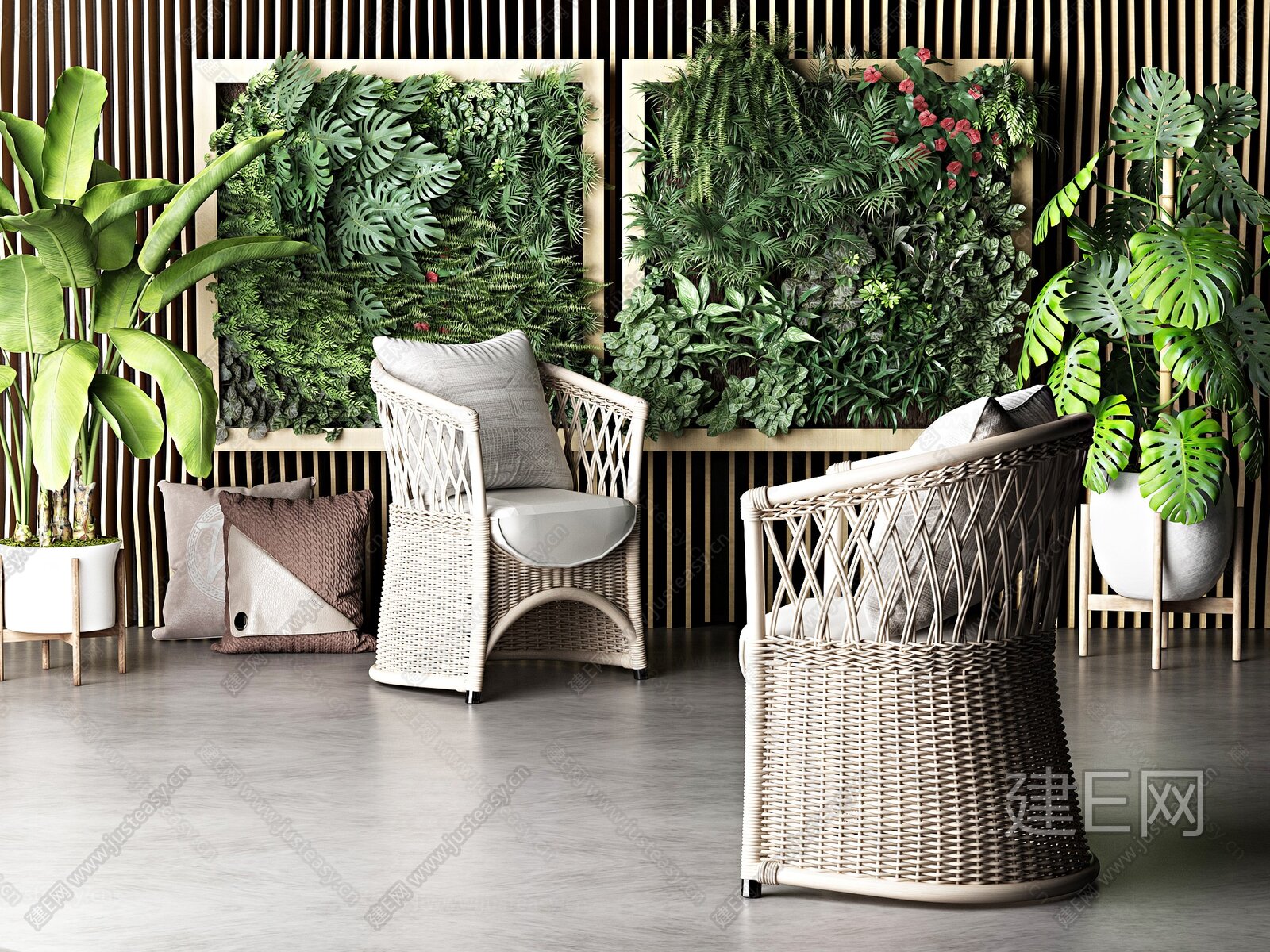 户外植物墙木质藤椅组合 建e网3d模型下载网