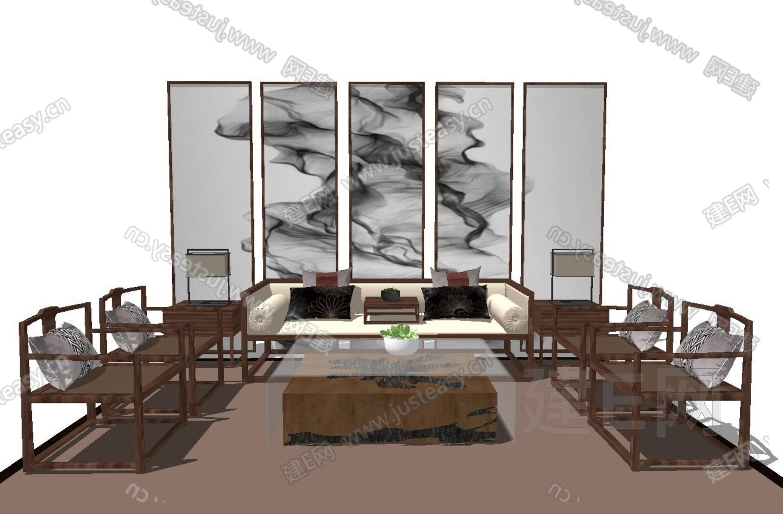 新中式风格沙发茶几组合模型SU模型下载[ID:114770042]_建E室内设计网