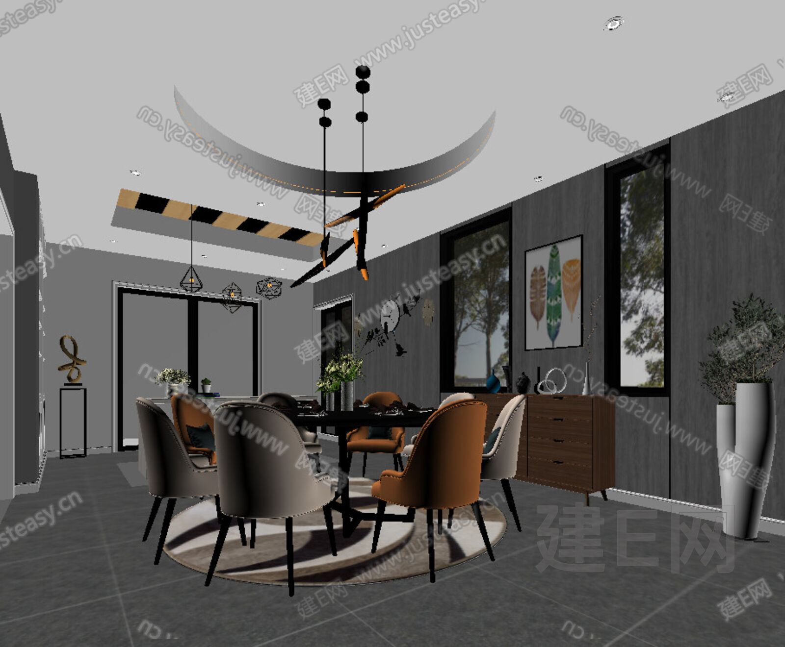 现代餐厅模型SU模型下载[ID:110641366]_建e网su模型