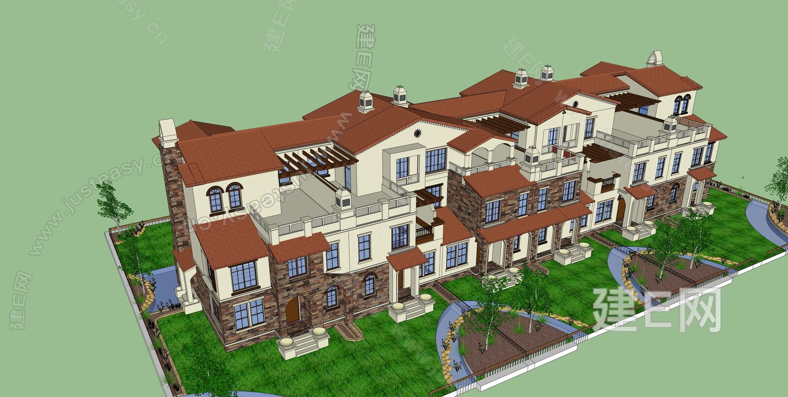 新中式联排别墅模型SU模型下载[ID:110772291]_建e网su模型