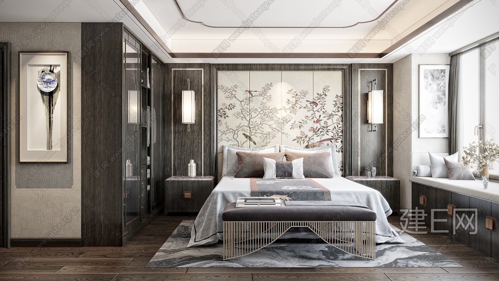 新中式主卧3d模型下载[ID:101205604]_建e网3d模型