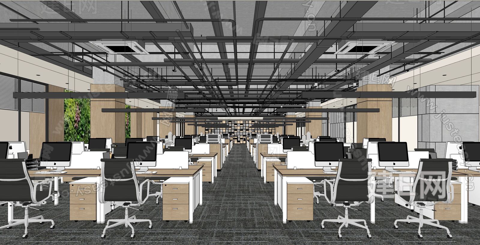 现代开敞办公区模型SU模型下载[ID:113000550]_建e网su模型