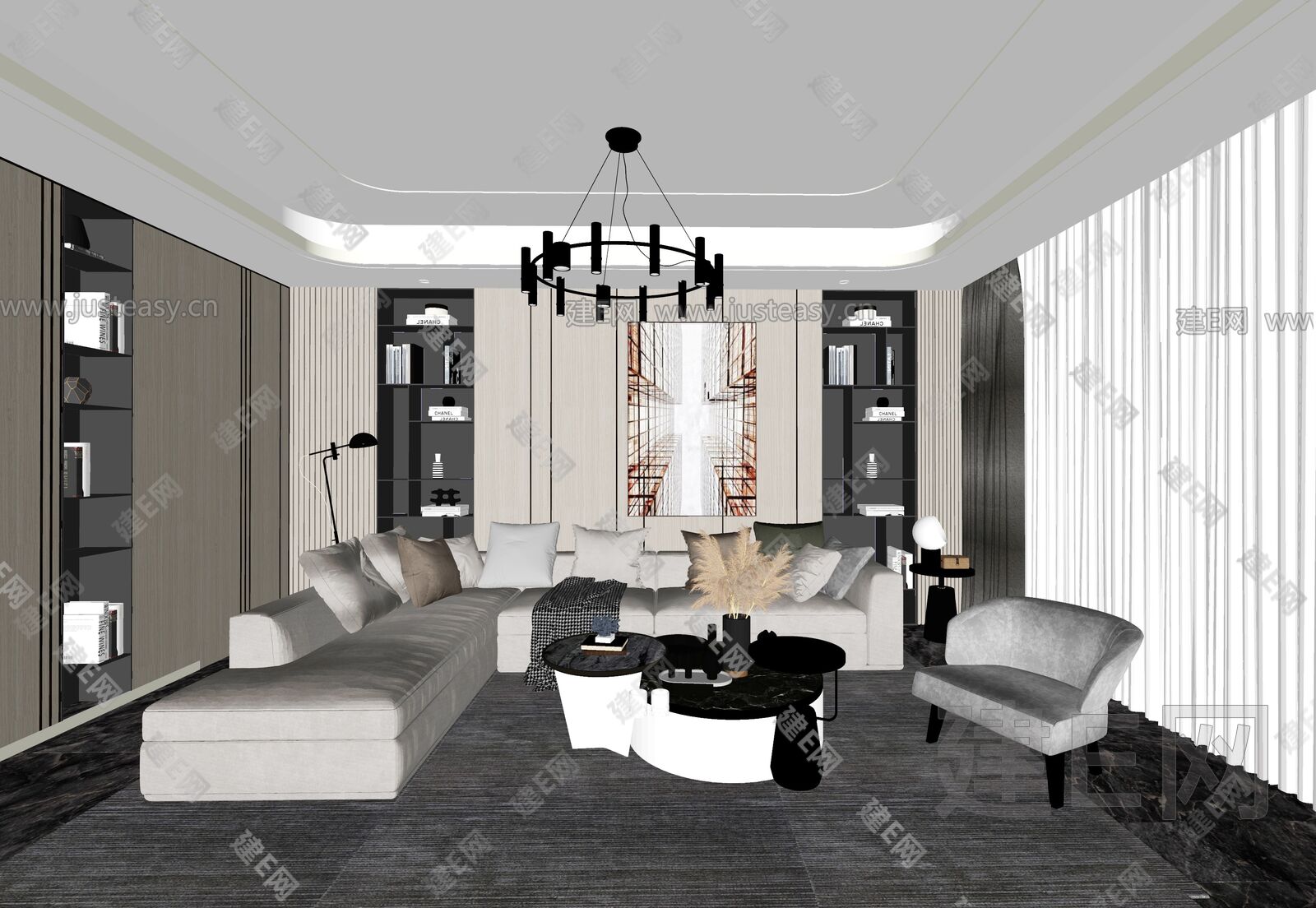现代客厅模型SU模型下载[ID:100811634]_建e网su模型