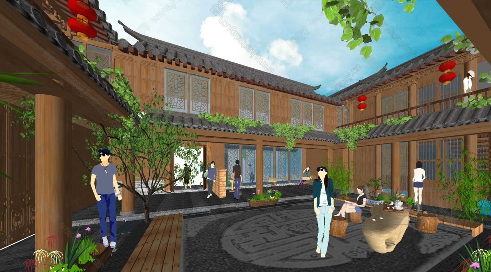 中式四合院民宿模型SU模型下载[ID:102646633]_建e网su模型
