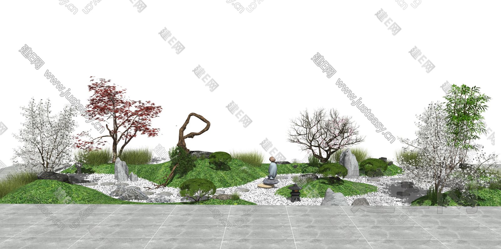 日式枯山水禅意庭院景观模型SU模型下载[ID:103564276]_建e网su模型