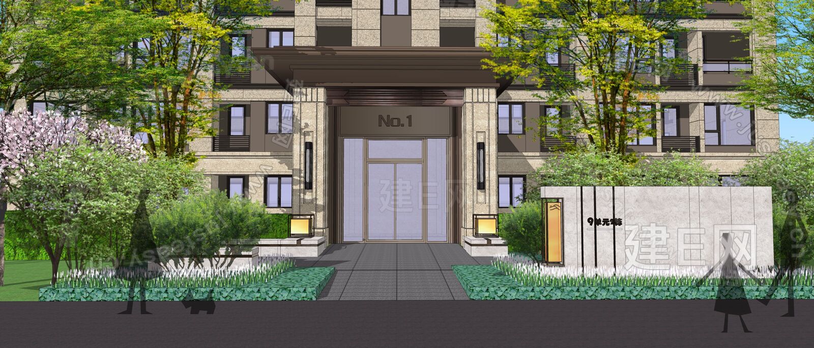 现代住宅小区入户景墙景观植物组团-sketchup模型_sketchup模型库_建E室内设计网!