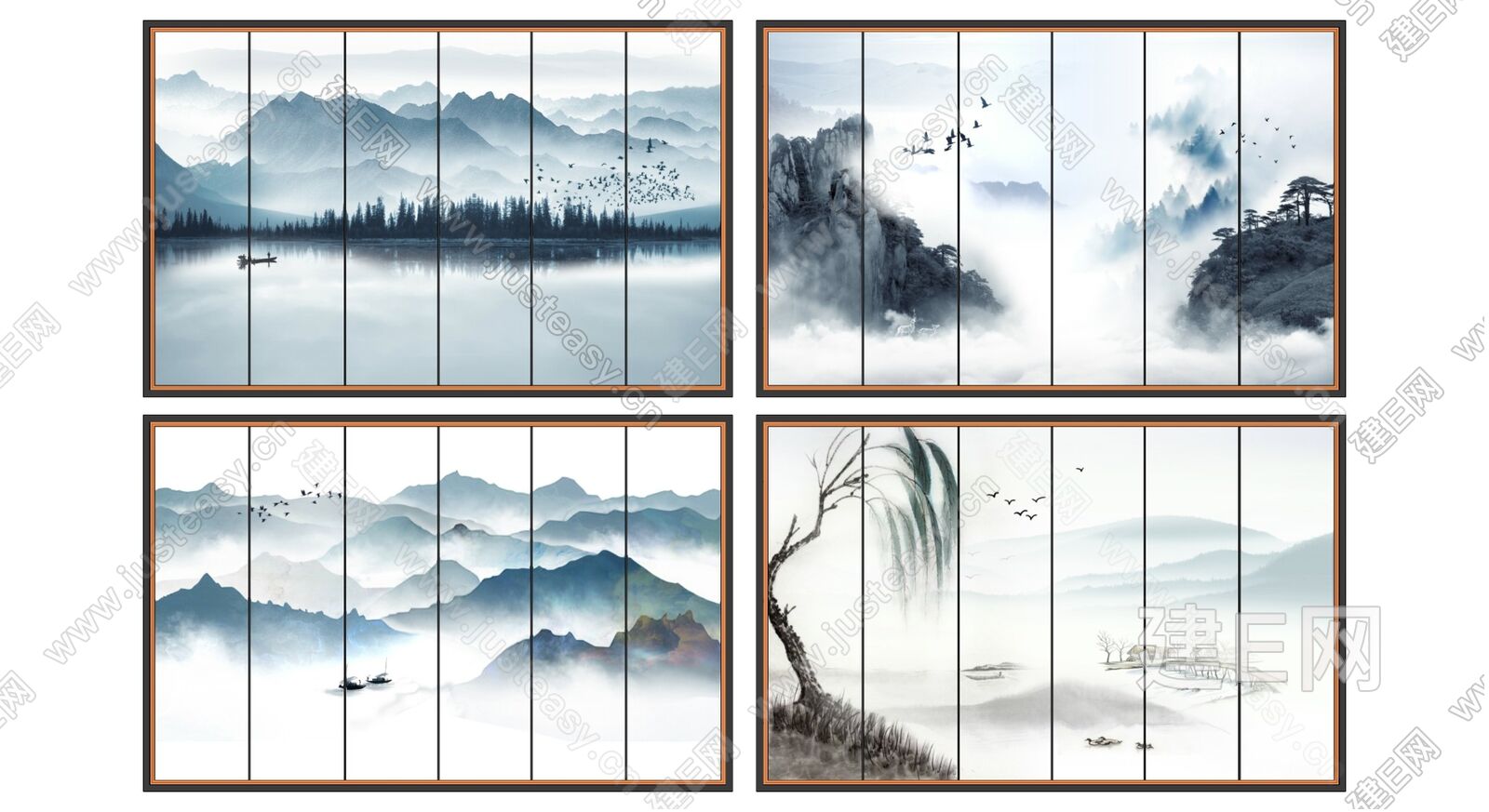 新中式山水背景墙画模型SU模型下载[ID:115360616]_建E室内设计网