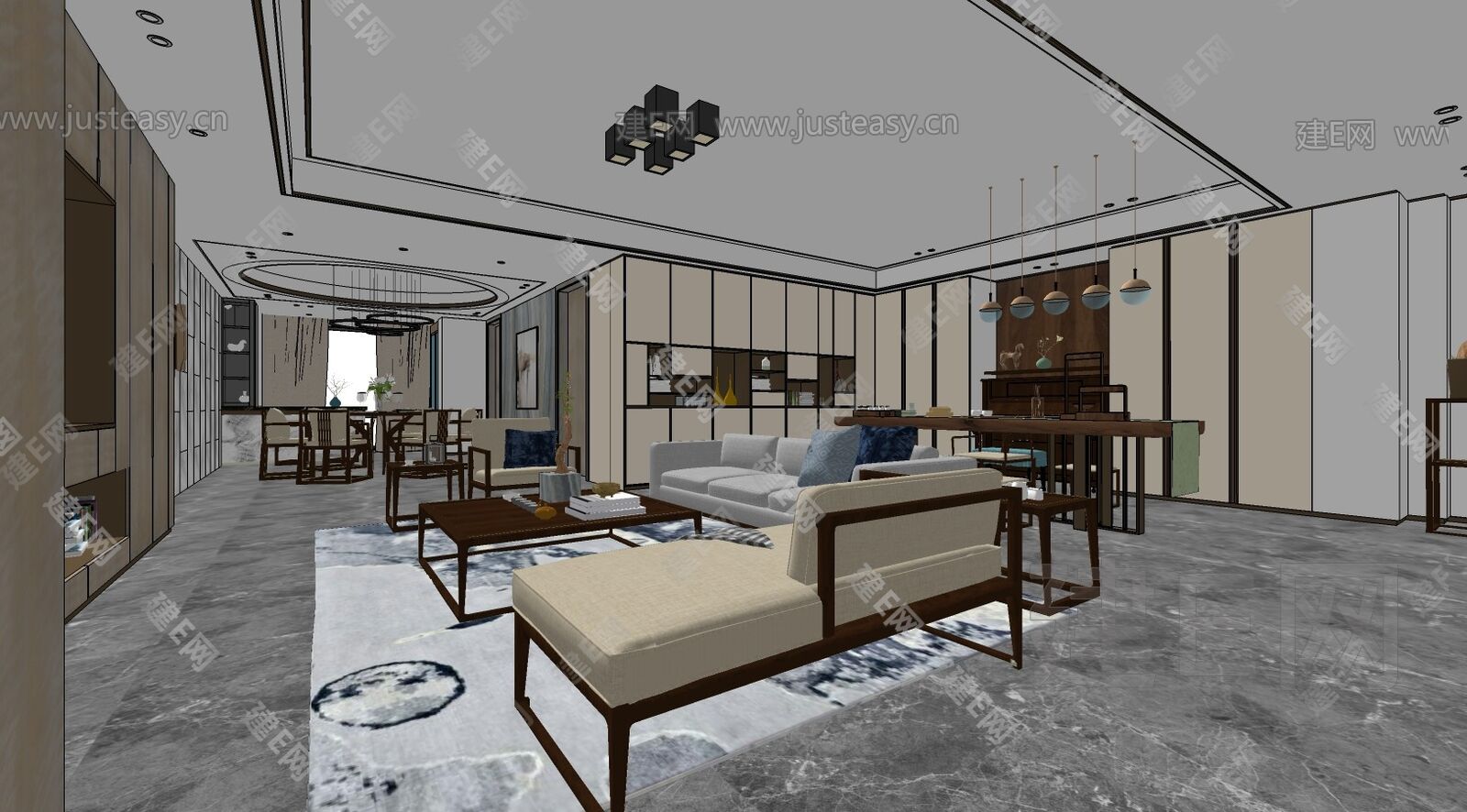 新中式会客厅餐厅模型SU模型下载[ID:115950566]_建e网su模型