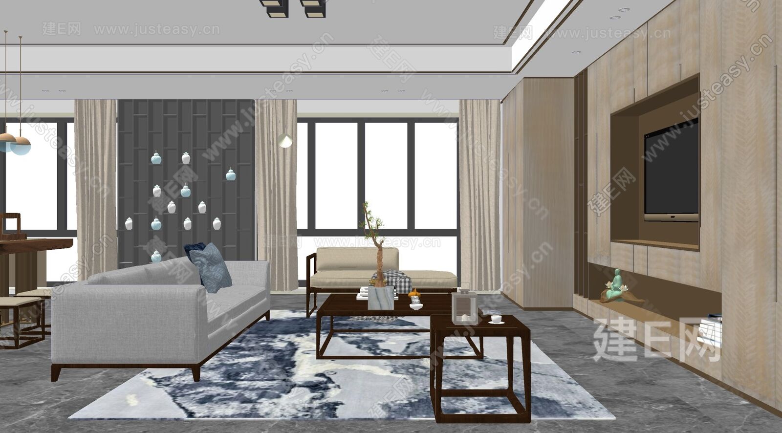 新中式会客厅餐厅模型SU模型下载[ID:115950566]_建e网su模型