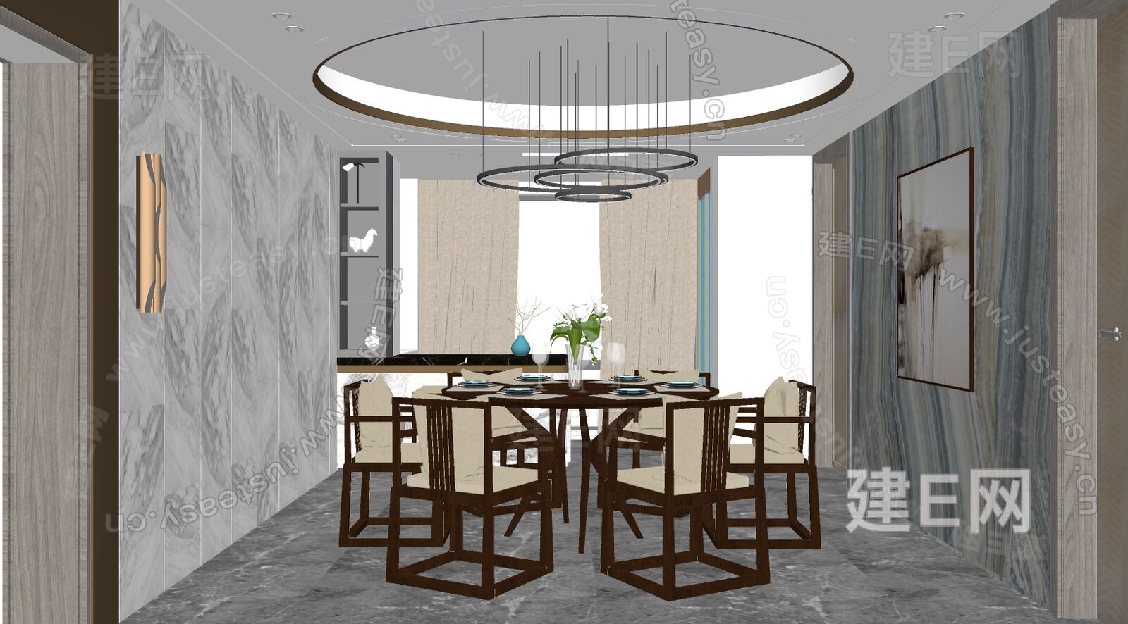 新中式会客厅餐厅模型SU模型下载[ID:115950566]_建e网su模型