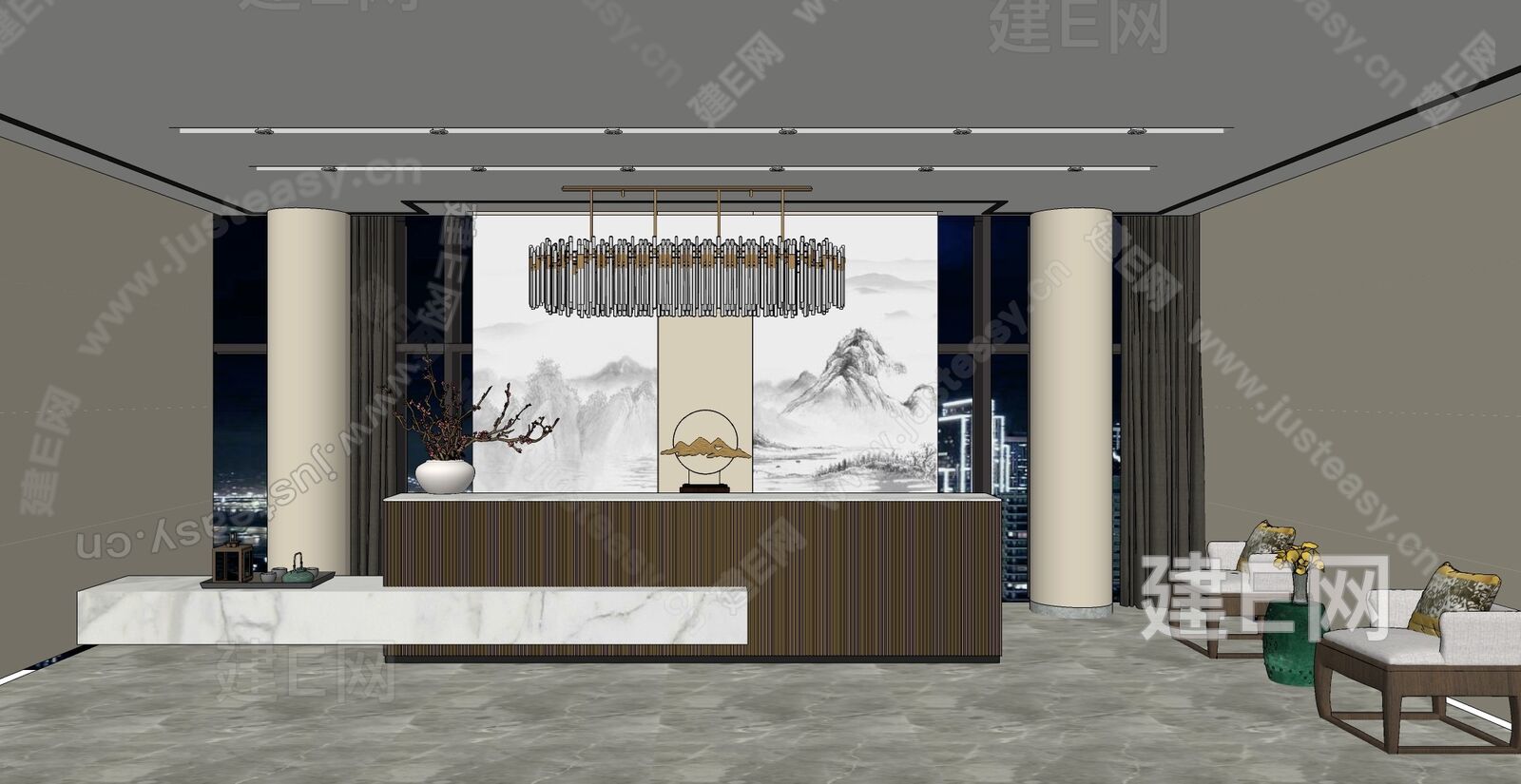 新中式酒店大堂前台接待区模型SU模型下载[ID:110707696]_建e网su模型