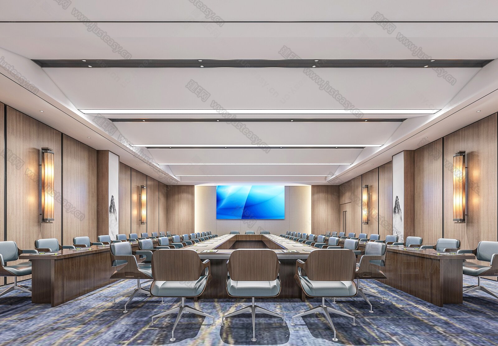 新中式会议室模型SU模型下载[ID:116738555]_建E室内设计网