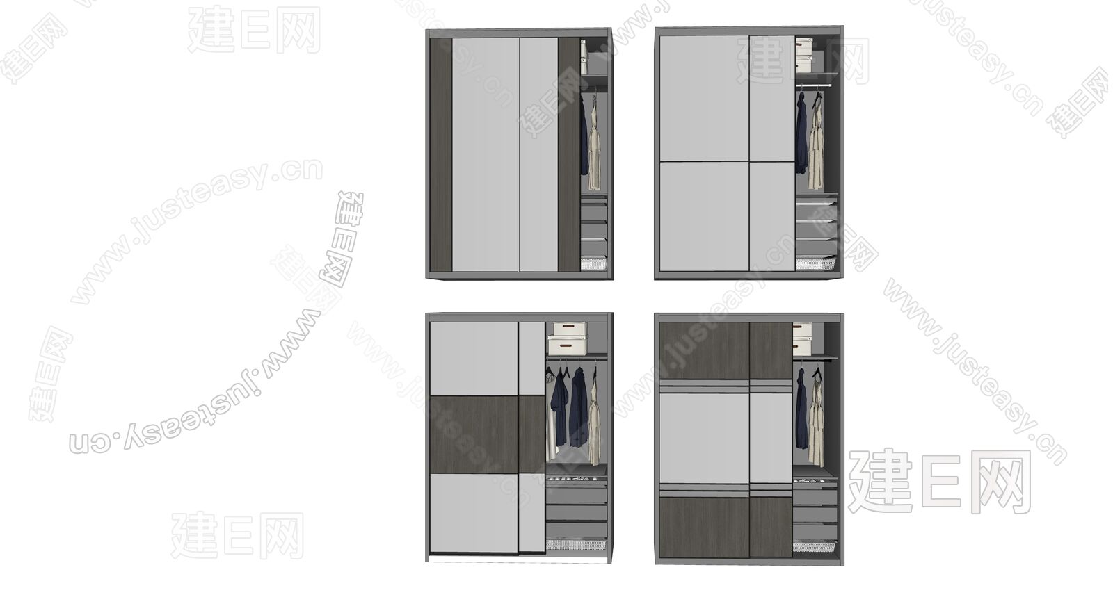 现代移门衣柜模型SU模型下载[ID:111428392]_建E室内设计网