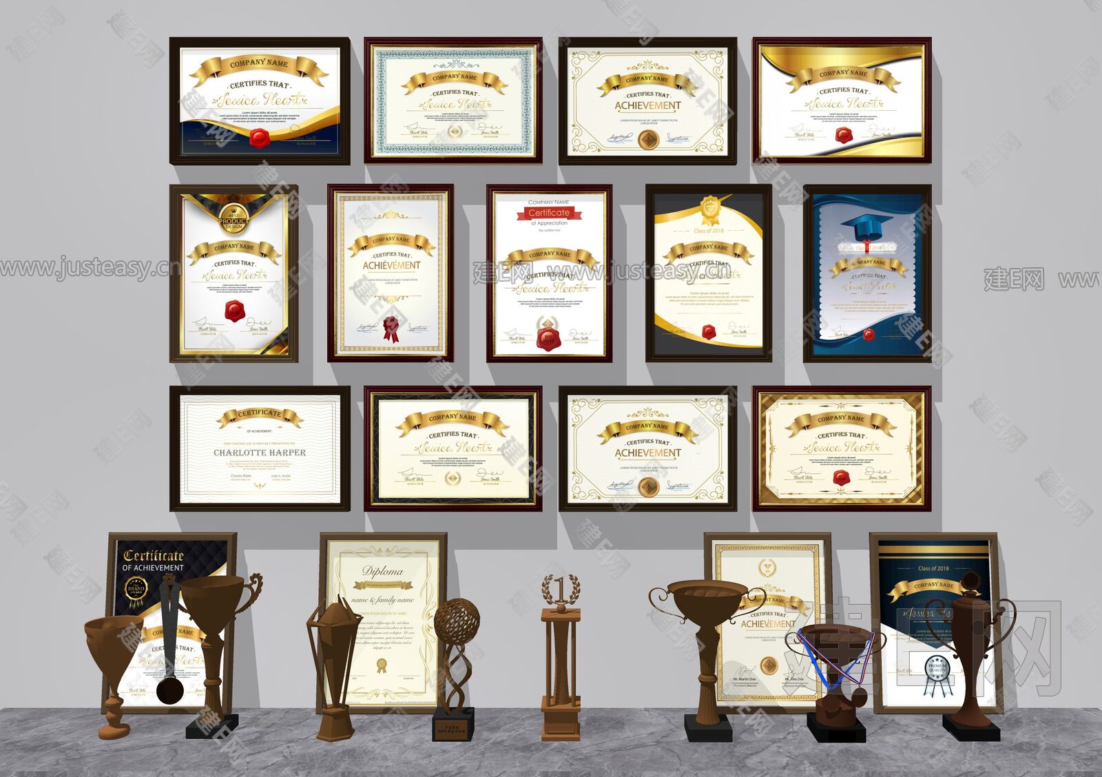 现代奖杯奖牌证书荣誉墙展厅3d模型下载_ID10030308_3dmax免费模型-欧模网