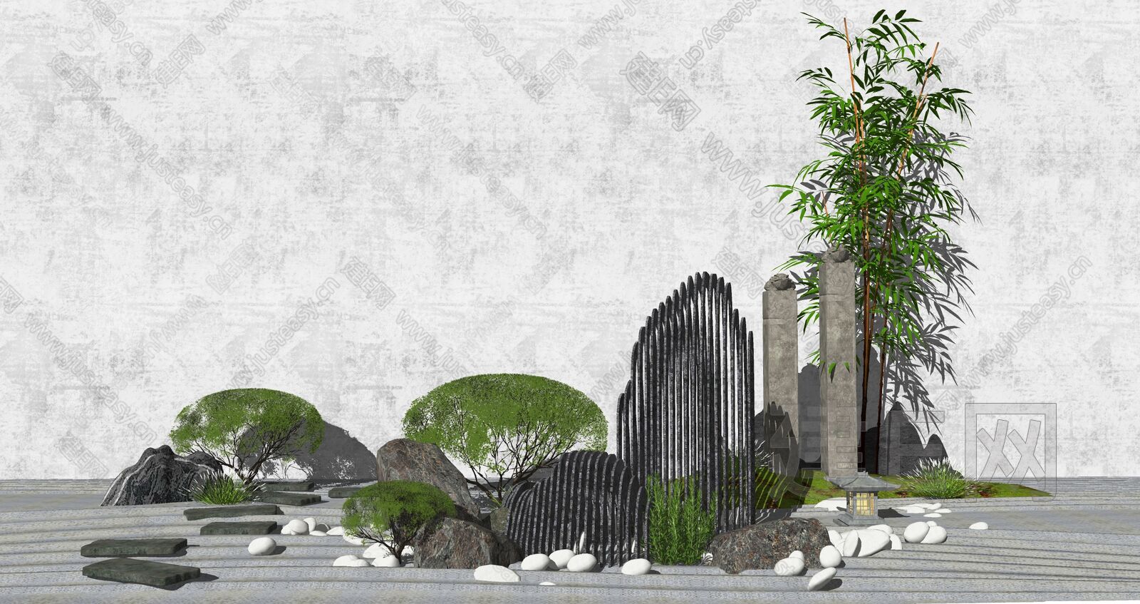 新中式庭院景观模型SU模型下载[ID:105464385]_建E室内设计网