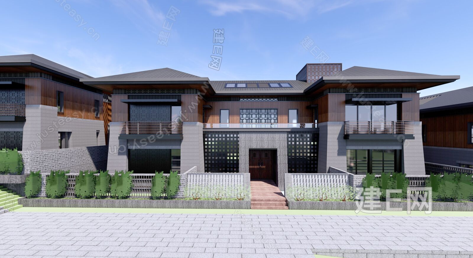 新中式独栋别墅模型SU模型下载[ID:105529912]_建E室内设计网