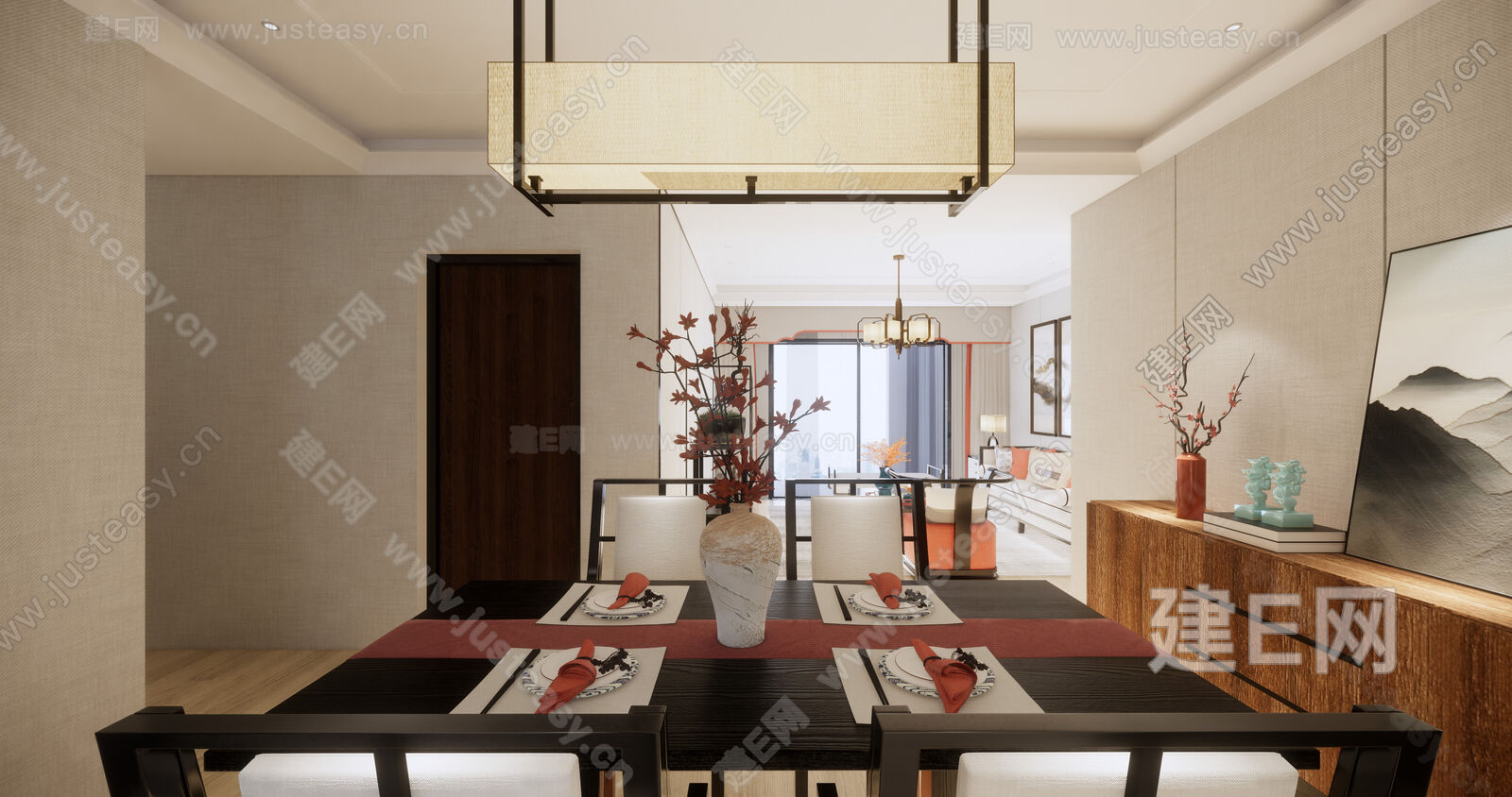 新中式风格客餐厅模型SU模型下载[ID:105923185]_建e网su模型