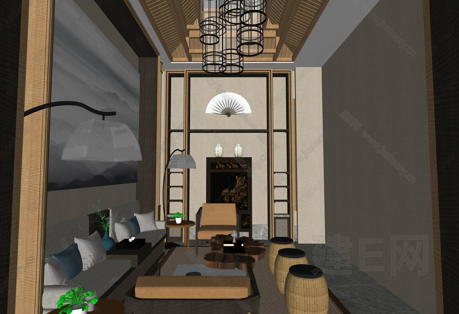 中式风格客厅模型SU模型下载[ID:106906167]_建e网su模型