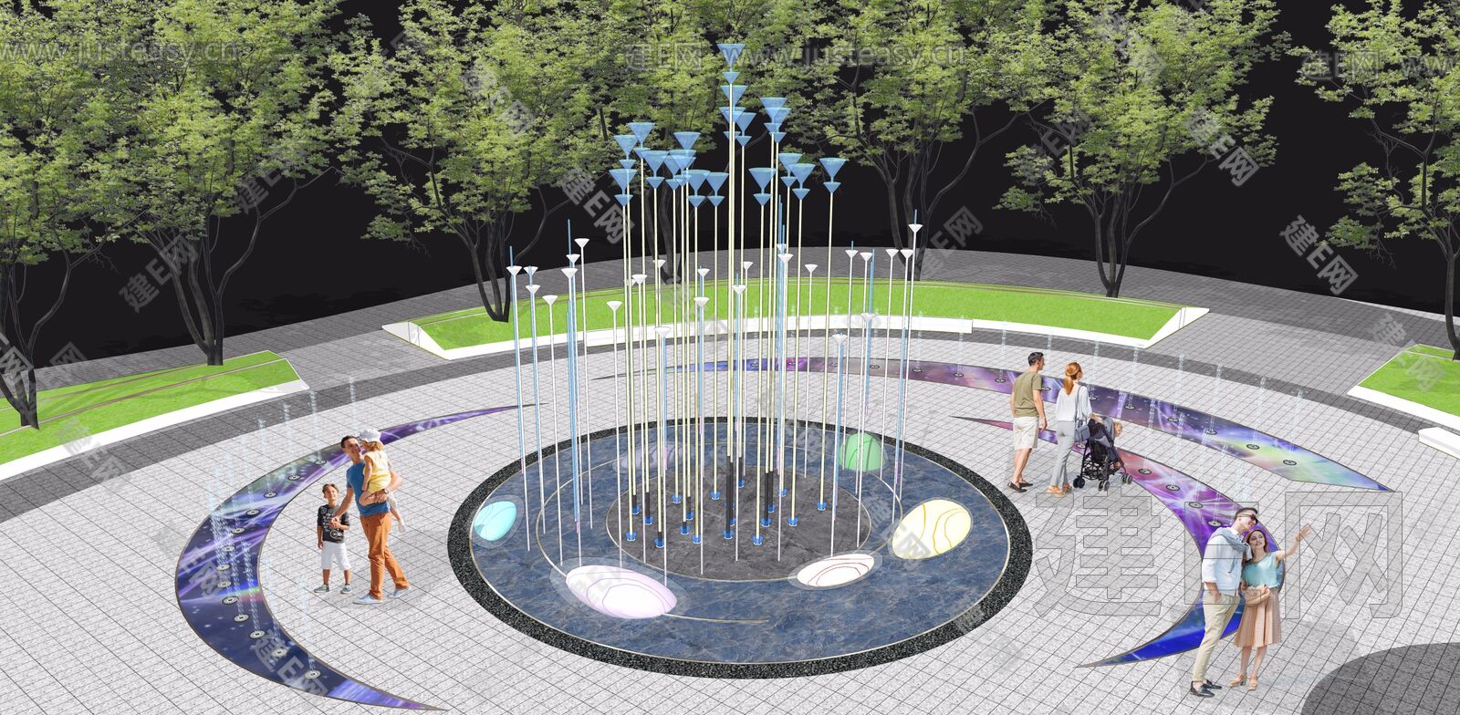 现代广场水景喷泉模型SU模型下载[ID:100876990]_建E室内设计网