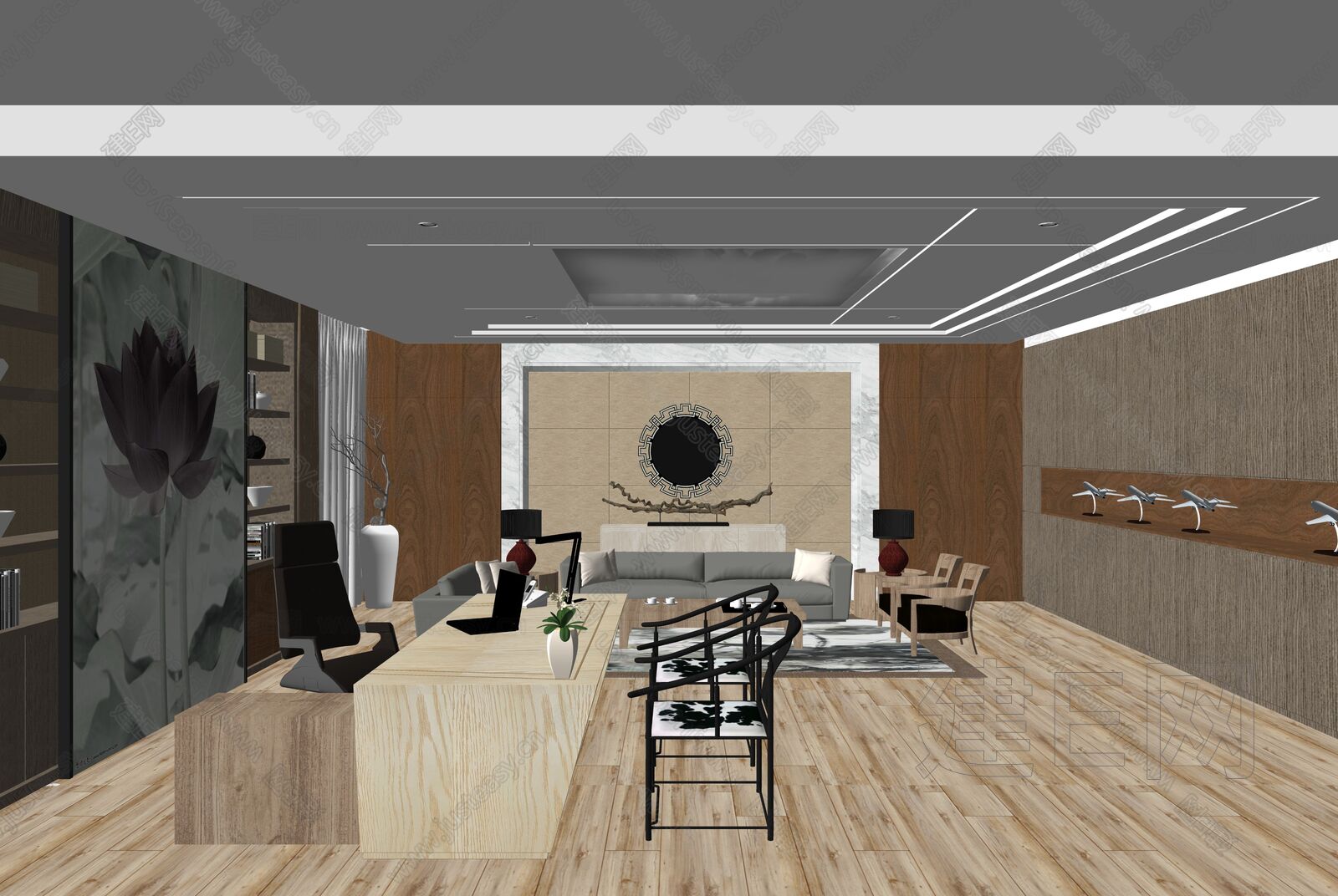 新中式办公室模型SU模型下载[ID:101597796]_建e网su模型