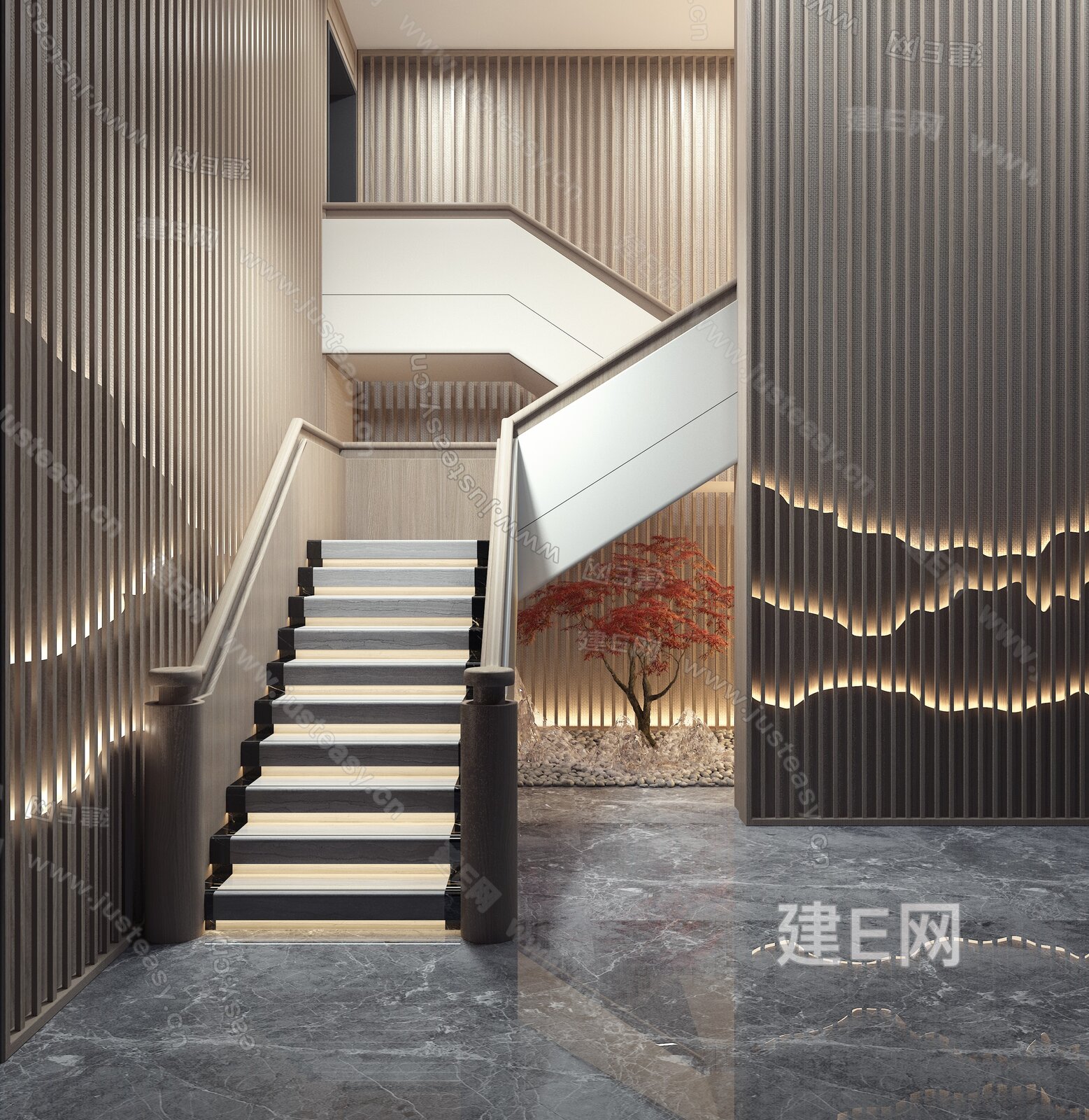 H32-1213新中式餐饮楼梯间瓦片墙面…3d模型下载-【集简空间】「每日更新」