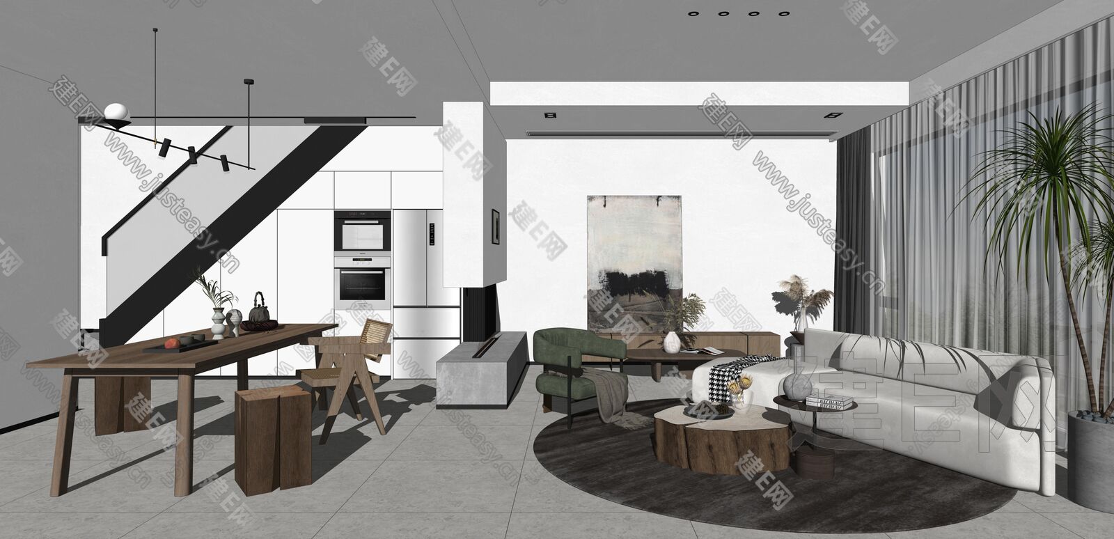 现代侘寂风极简客餐厅模型SU模型下载[ID:103301859]_建e网su模型