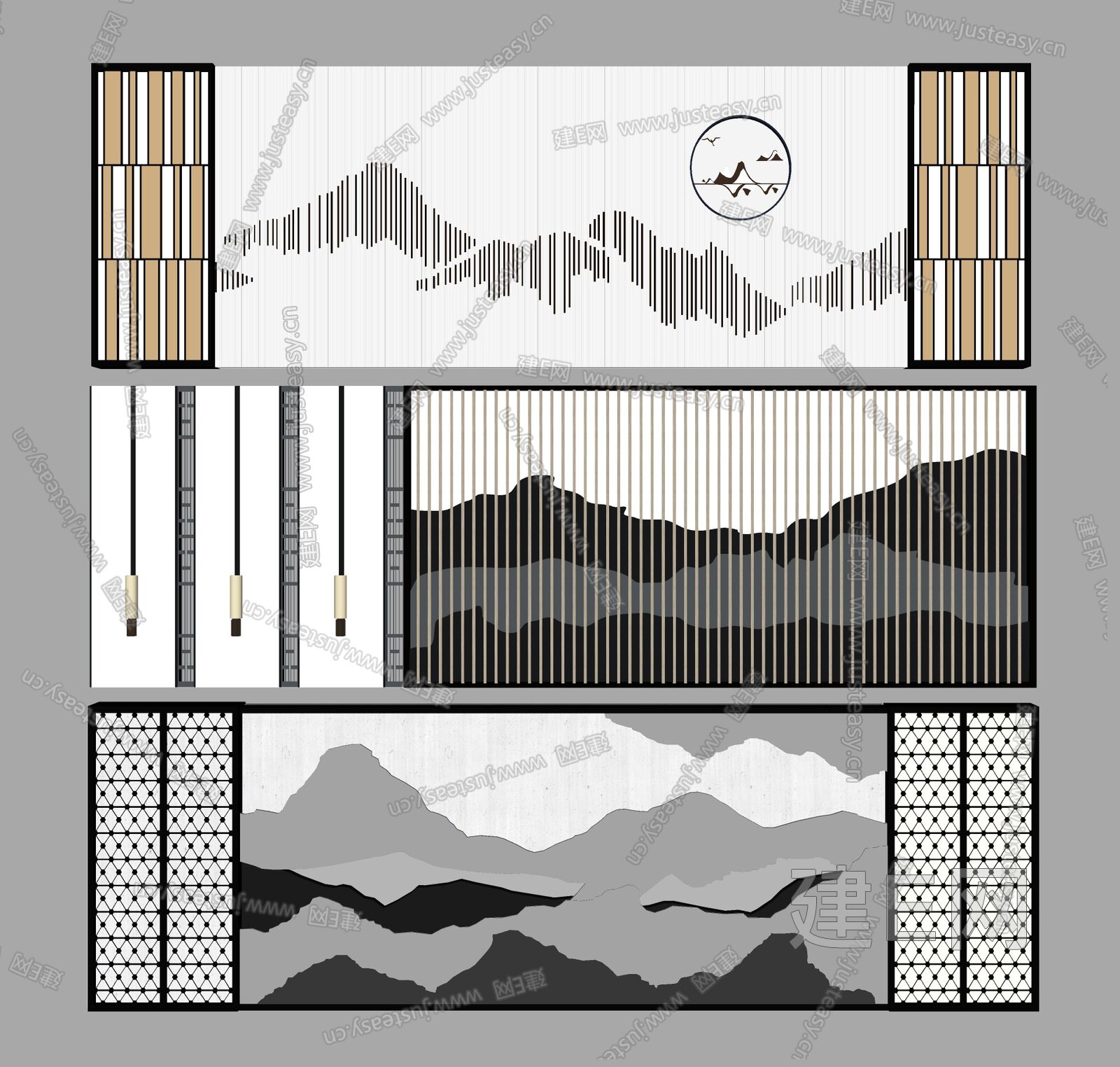 新中式背景墙 Sketchup模型 Sketchup模型库 建e室内设计网