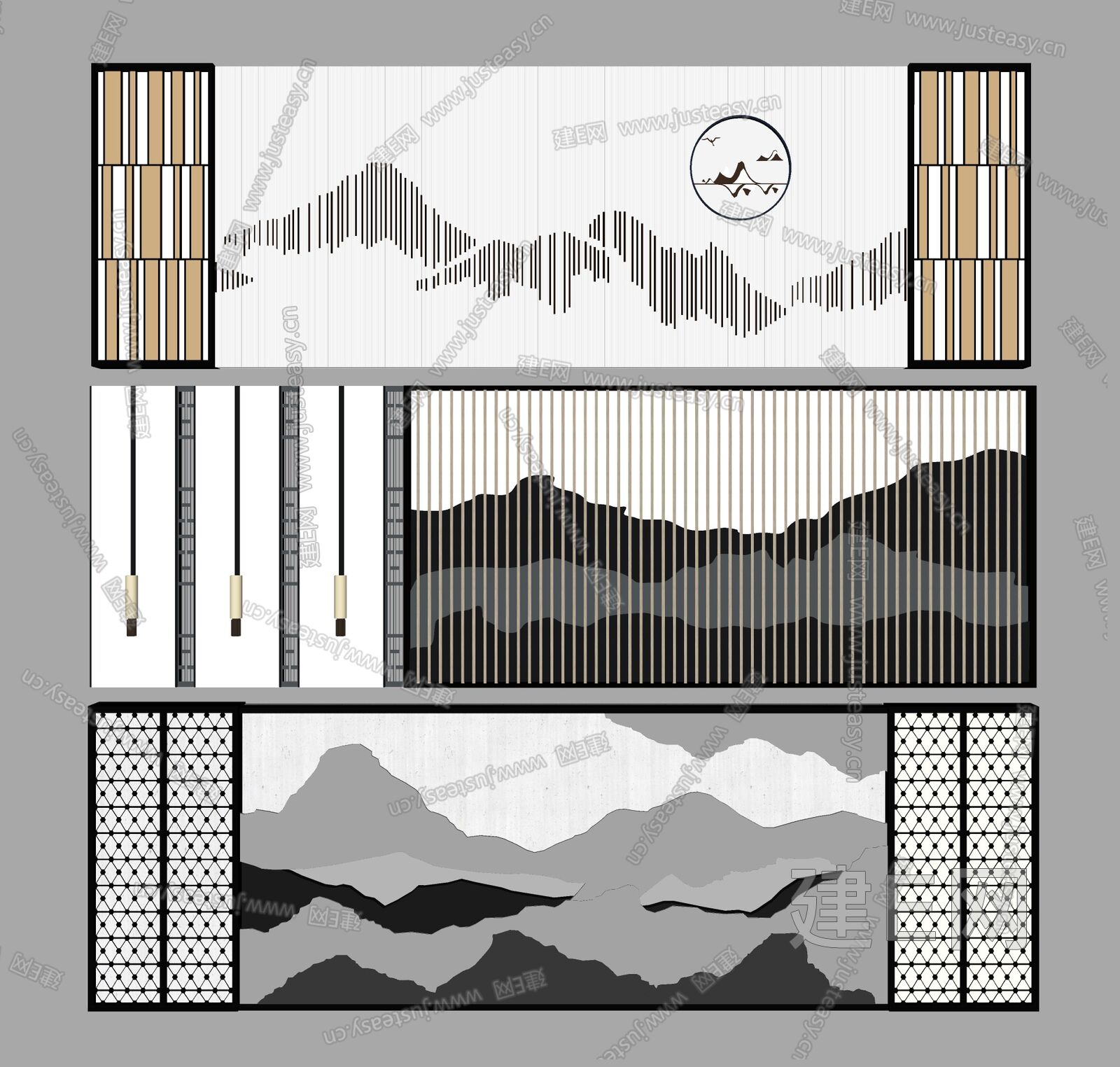 新中式背景墙-sketchup模型_sketchup模型库_建E室内设计网!