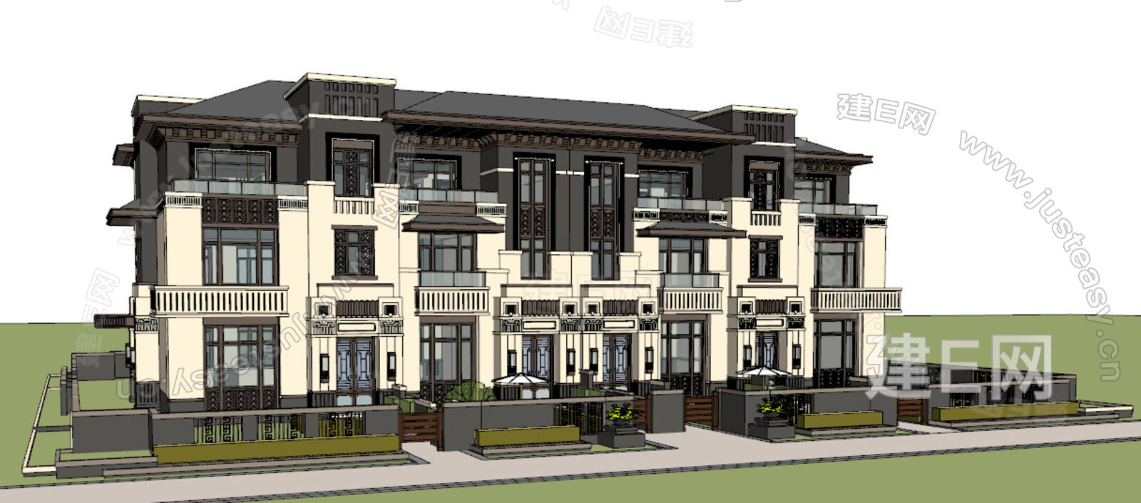 中式联排别墅模型SU模型下载[ID:104481316]_建e网su模型